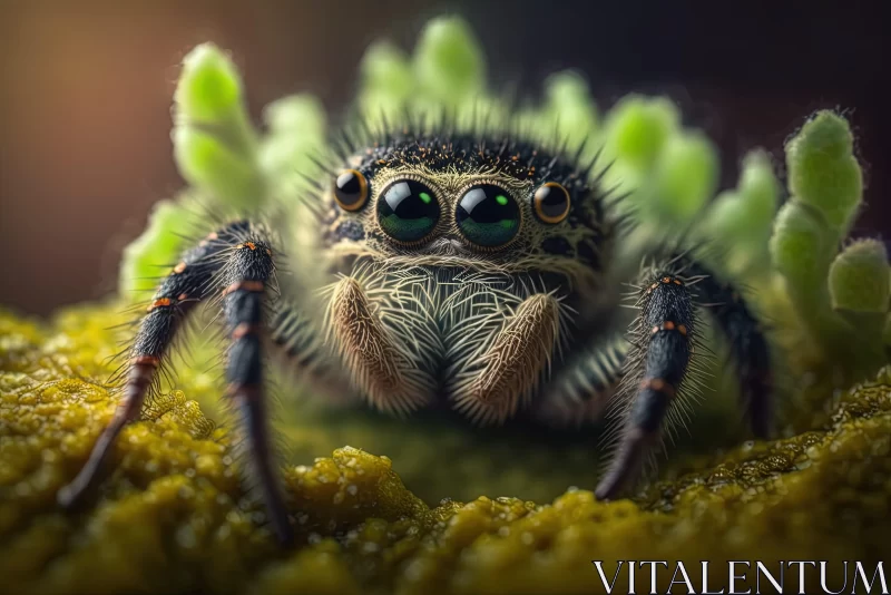 Charming Green Spider - A Study in Nature's Detail and Mushroomcore Aesthetic AI Image
