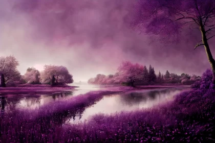 Purple Lake Night Scene: A Serene Fantasy Landscape AI Image