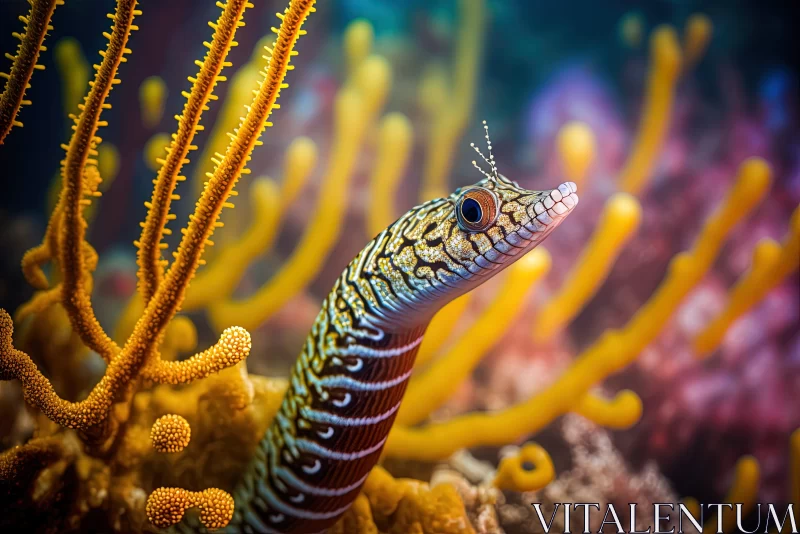 Small Eel Diving in Ocean Corals - An Exotic Marine Portraiture AI Image