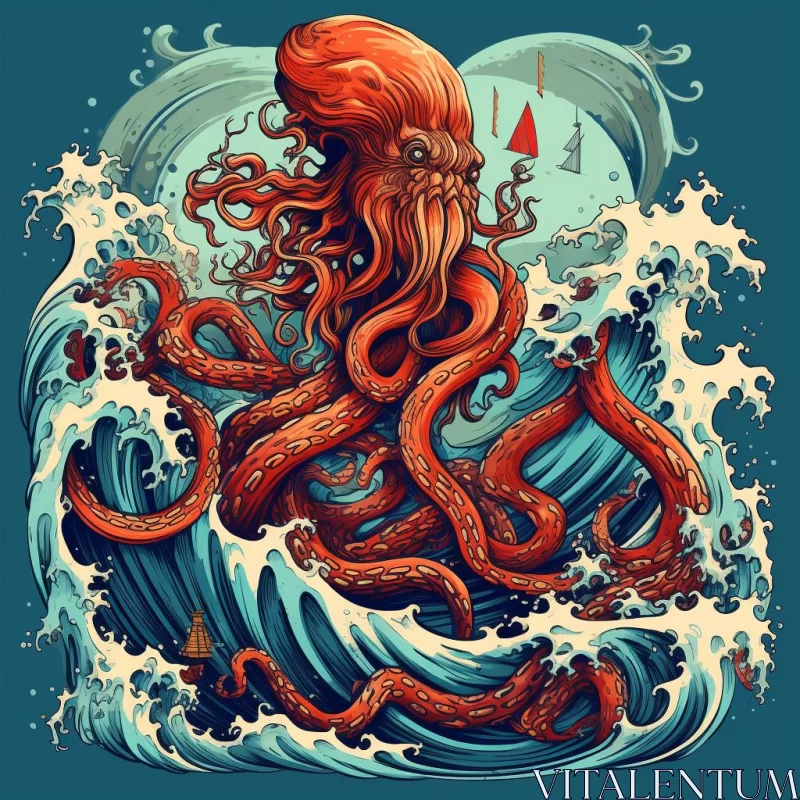 Surrealist Octopus amidst Waves - A Journey into Mythical Symbolism AI Image