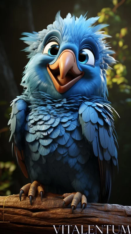 Blue Bird on Branch: An Intense Close-Up Caricature AI Image