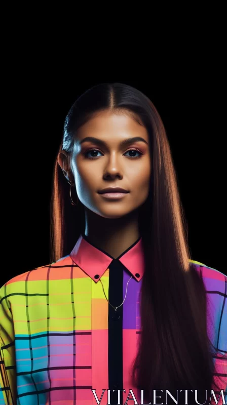 Fashion Portrait: Woman in Colorful Shirt with Long Hair AI Image