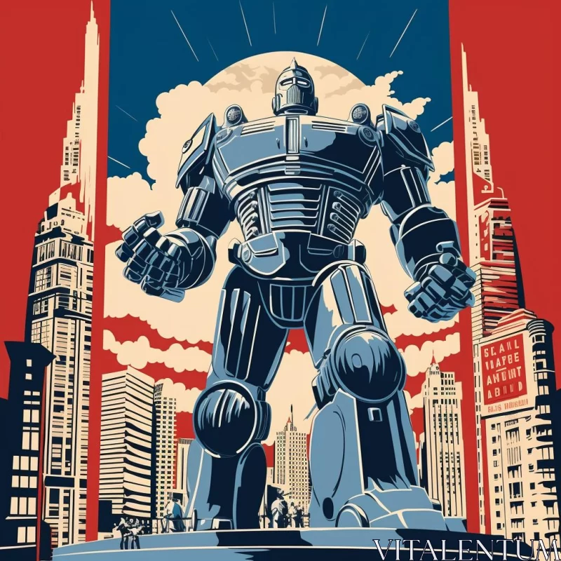 Giant Robot in City: A Poster Evoking Nostalgia & Superhero Themes AI Image