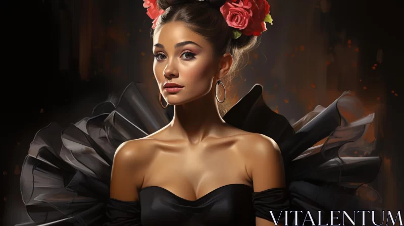 AI ART Lady in Black Flower Dress - A Digital Oil Painting