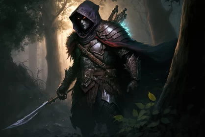 Mysterious Warrior in Cloak: A Dark Forest Journey