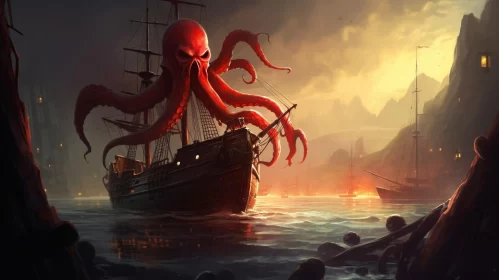 Octopus Engulfing Pirate Ship: Dark Crimson Macabre Art AI Image