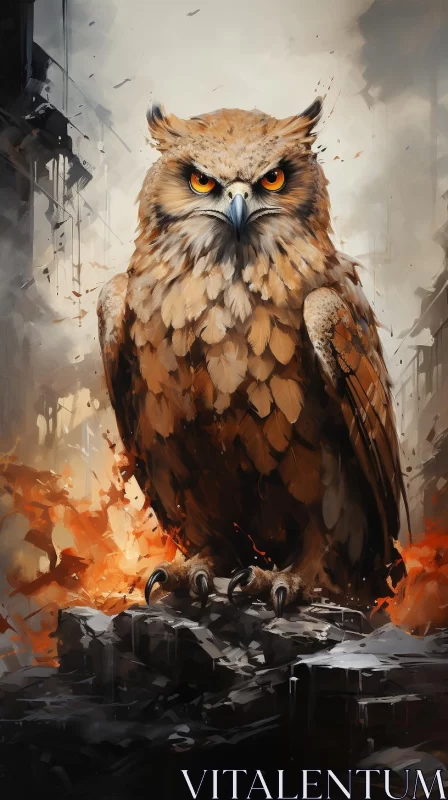 Owl Amidst the Burning City: A Post-Apocalyptic Illustration AI Image