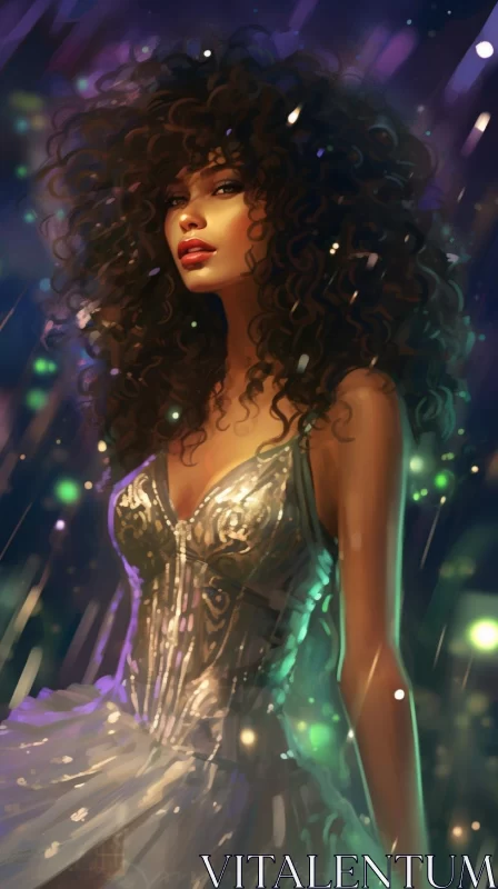 Enchanting Woman in Rain: Afro-Caribbean and Whimsical Art Influence AI Image