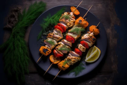 Rustic Chicken Kebabs on Plate - Harmony of Dark Orange and Gray