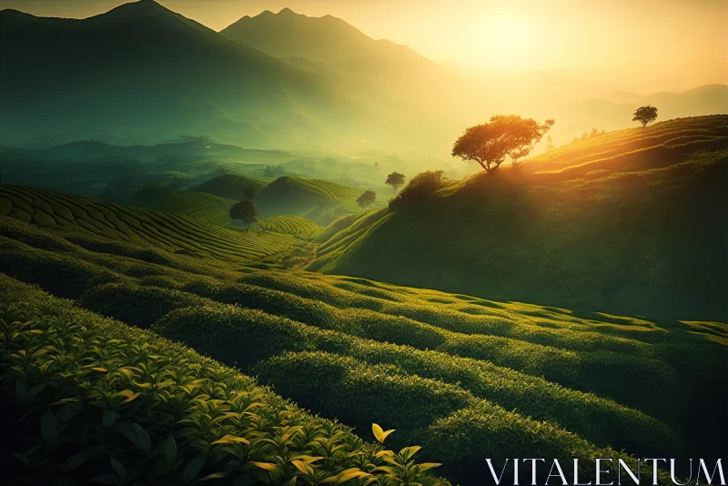 Sunrise Over Tea Plantation: A Celebration of Rural Life AI Image
