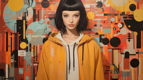 Abstract City Portrait of Girl in Orange Jacket