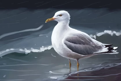 Digital Painting of a Soggy Seagull Amidst a Stormy Seascape AI Image