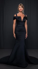 Elegant Woman in Black Evening Gown: A Study in Style and Precision AI Image