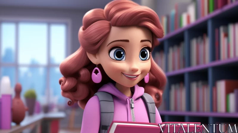 AI ART Joyful Cartoon Girl with Pink Hair Holding Book in Library