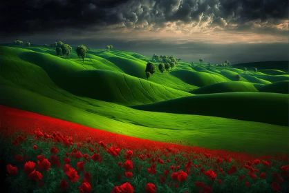 Romantic Landscape of Green Field with Red Flowers