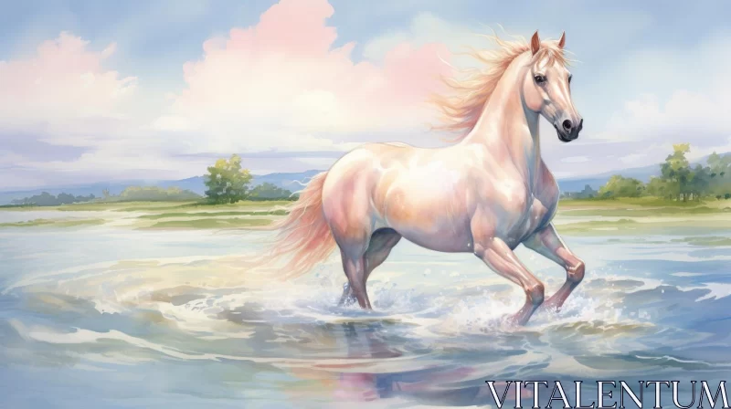 White Horse Running in Water - Sunny Art Scene with Light Pink Tones AI Image