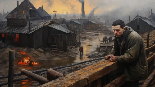 Apocalyptic Painting: Man and Bridge in Industrial Town