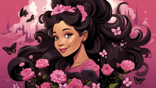 Multicultural Princess Caricature with Butterflies and Florals AI Image