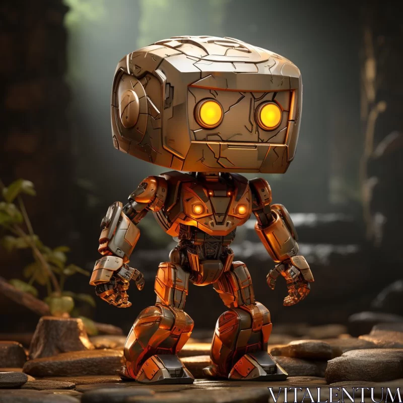 Small Adventure Robot with Glowing Eyes and Golden Light AI Image