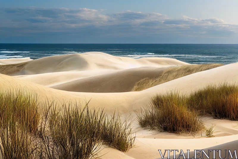 Serene Beach Scene with Sand Dunes and Ocean View AI Image