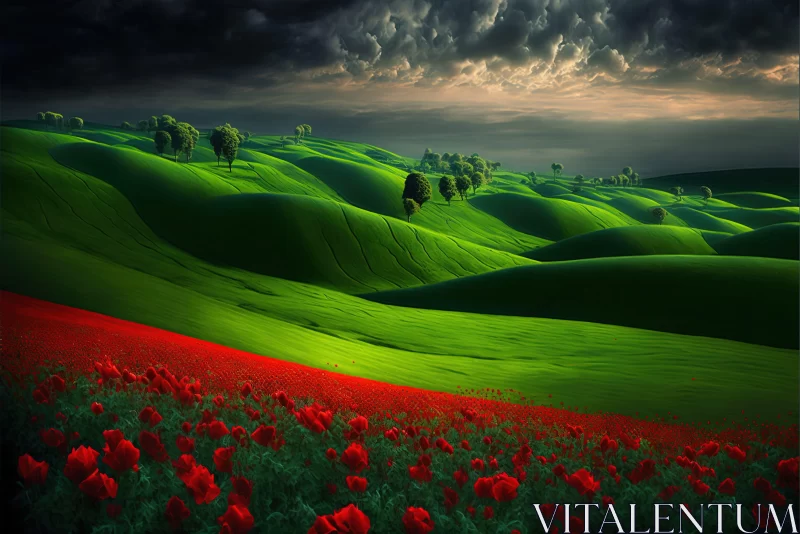 Romantic Landscape of Green Field with Red Flowers AI Image