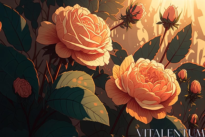 Sunlit Yard with Roses: A Nature-Inspired 2D Animation Illustration AI Image
