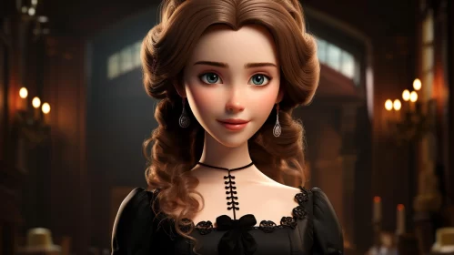 Victorian Cartoon Girl in Black Dress - Historical Genre Scene