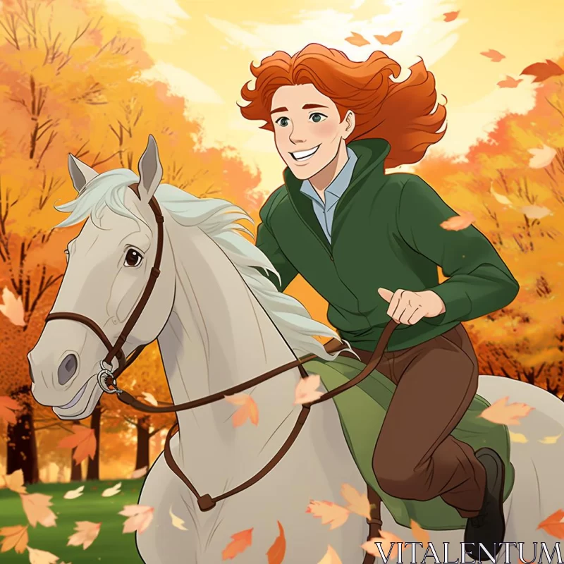 Animated Woman Riding Horse Amidst Detailed Foliage AI Image