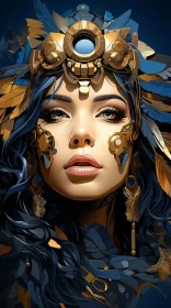 Aztec Woman in Blue and Gold: A Digital Illustration AI Image