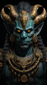 Eerily Realistic Demon Portrait in Cyan and Bronze AI Image
