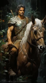 Heroic Man on Horseback Amidst Jungle - Ancient Inspired Art AI Image