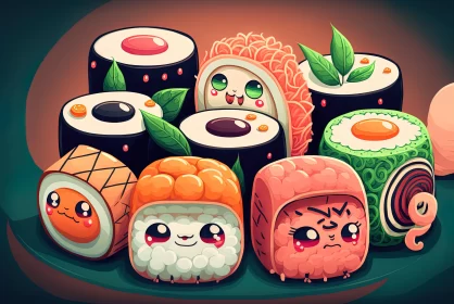 Kawaii Fantasy Realism: Colorful Sushi-Shaped Doodles AI Image