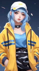 Anime Girl in Yellow Jacket with Blue Hair in an Urban Poolcore Setting AI Image