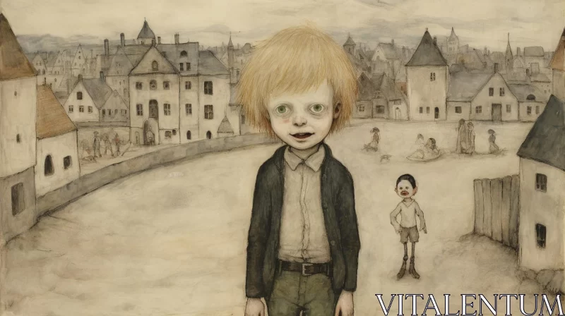 Boy in City: A Folkloric and Gothic Grotesque Painting AI Image
