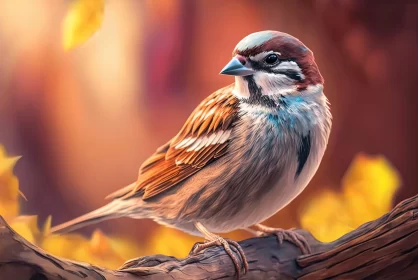 Charming Sparrow on Branch Artwork in Maroon and White