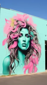 Colorful Mural of a Woman with Feather-Like Detail and Floral Elements AI Image
