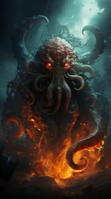 Fiery Ocean Cthulhu: A Dark and Brooding Depiction AI Image