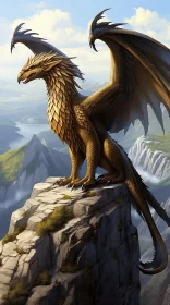 Golden Dragon on Stone Ledge Overlooking Sea AI Image