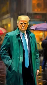 Impressionist Portrait of Donald Trump in Urban Rain Scene AI Image