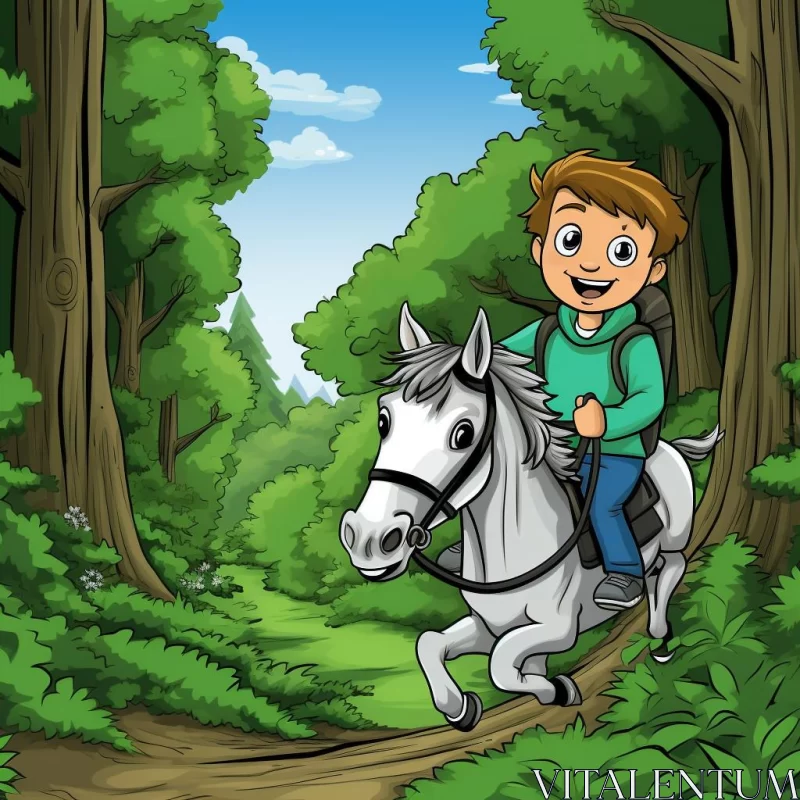 Lively Illustration of Boy Riding Horse in Woods AI Image