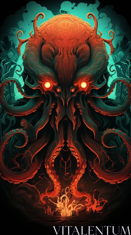 Octopus Head with Glowing Eyes: A Detailed Artwork AI Image