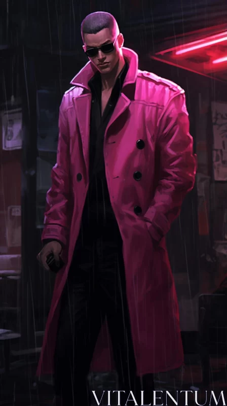 Pink Raincoat in a Cybermysticpunk Street Scene AI Image