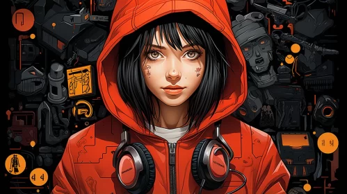 Cyberpunk Manga-Inspired Art: Red-Hooded Woman Amidst Crowd AI Image
