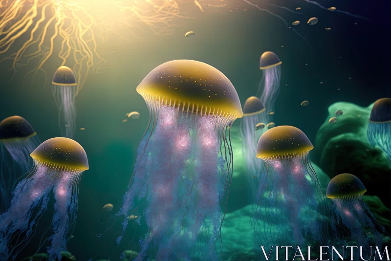 Jellyfish Swimming in Light-Filled Ocean - Solarpunk Style AI Image