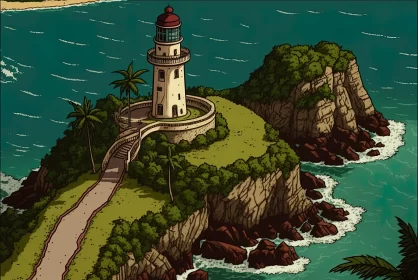 Lighthouse on a Mountain in a Tropical Island AI Image