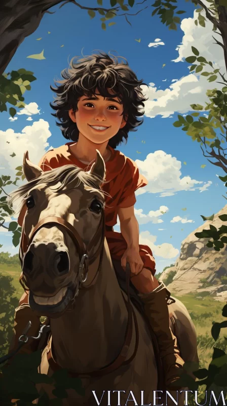 Ancient World Portrayed - Boy Riding Horse in Forest AI Image