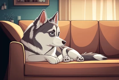 Cartoon Husky Dog on Couch - Anime Style