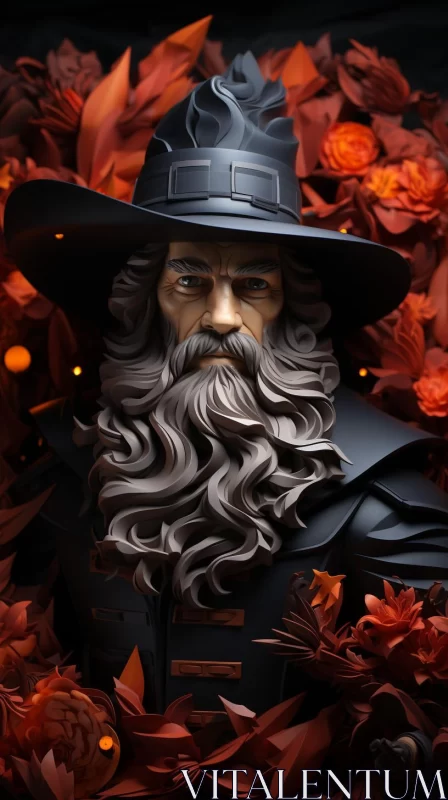 AI ART Fantasy Wizard Portrait with Autumn Leaves and Flower Hat