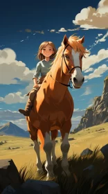Fantasy World Adventure: Protagonist Riding a Horse on a Mountain Top AI Image