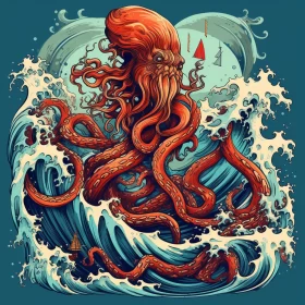 Surrealist Octopus amidst Waves - A Journey into Mythical Symbolism AI Image